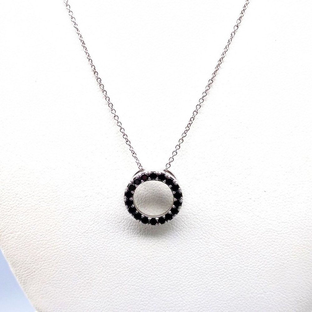 Vintage Black Crystal Circle Pendant Necklace, Pave Set Minimalist on Delicate